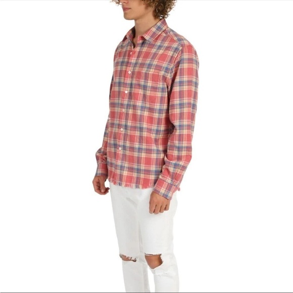 FRAME Fray Hem Flannel Top in Light Red Check Men's Size Small Preppy Plaid Boho - Picture 3 of 14